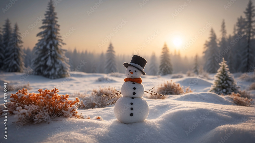 Obraz premium Twilight glow over snow-covered landscape with snowman wearing black hat and orange scarf standing proudly near pine trees
