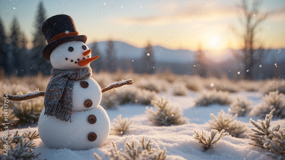 Obraz premium Twilight winter magic with snowman in orange scarf and black hat in snow-covered landscape surrounded by tall pine trees