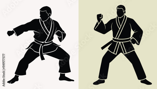 Karate silhouettes, martial arts poses, black figures on light background.