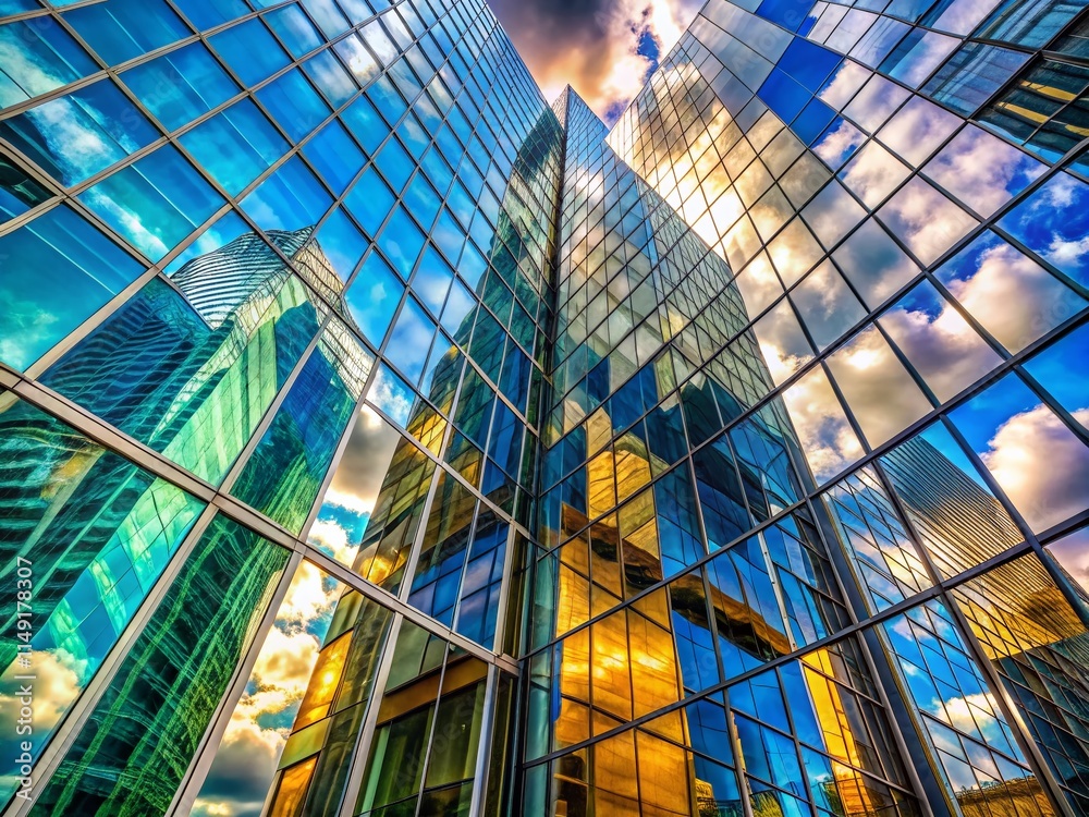 Fototapeta premium Macro Photography: Futuristic Skyscraper Facade Reflection, Ajar Ventilation Windows