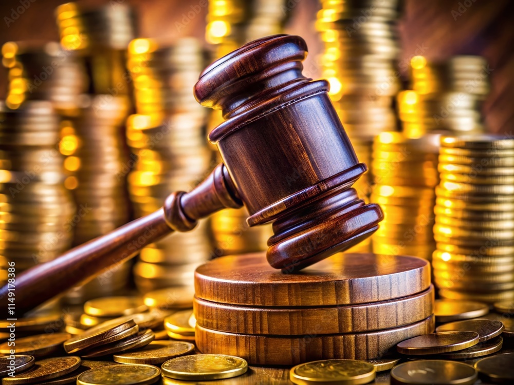 Macro Photography: Gavel Striking Stacked Coins - Courtroom Justice, Financial Crime, Bankruptcy, Auction Macro Photography: Gavel Striking Stacked Coins - Courtroom Justice, Financial Crime, Bankruptcy, Auction