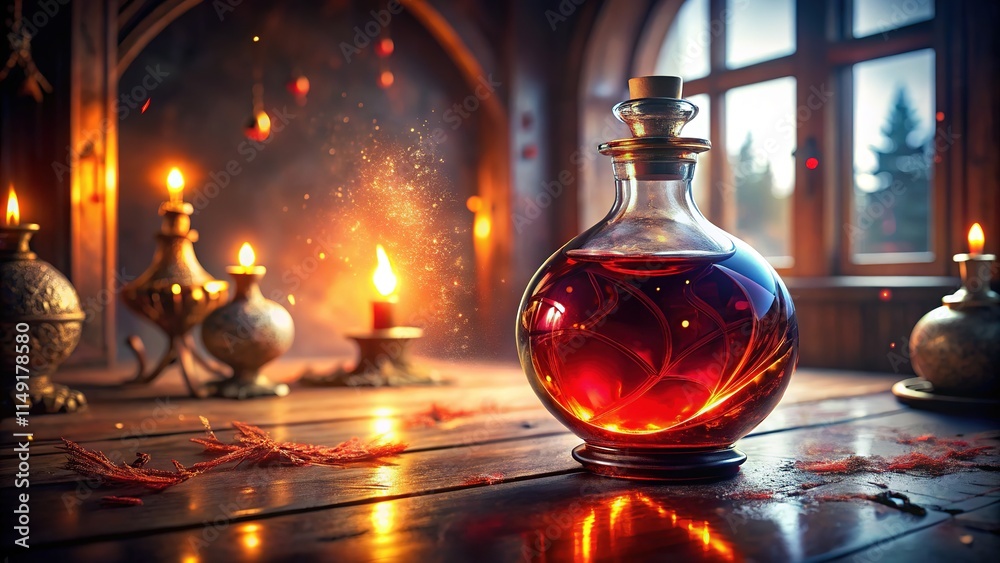 Magic Potion Bottle, Red Elixir, Low Light, AI Photo Magic Potion Bottle, Red Elixir, Low Light, AI Photo