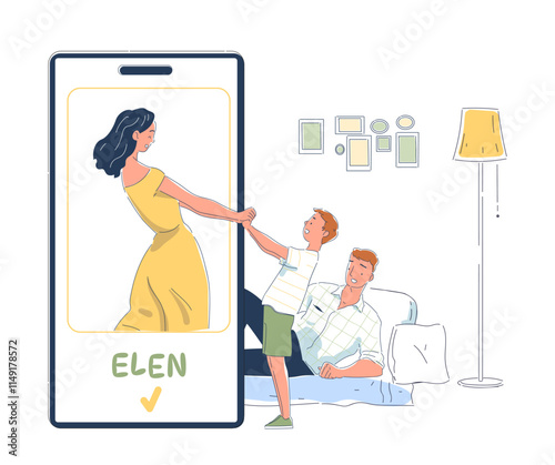 The concept of finding and selecting a nanny or babysitter for a child using a smartphone app. Creative abstract metaphor. Modern line art style flat vector illustration on white background