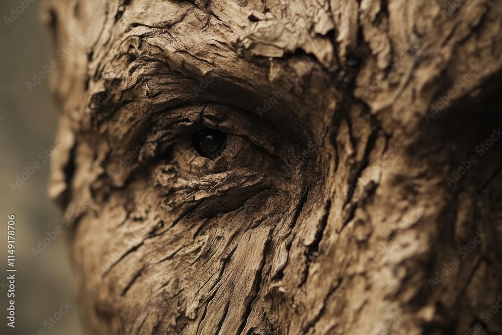 Close-up of a weathered wood sculpture resembling a human face, focusing on a single eye. Close-up of a weathered wood sculpture resembling a human face, focusing on a single eye.