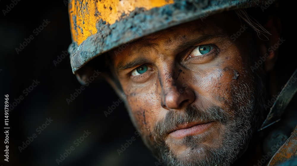 Miner with determined gaze in dark mining environment. Focused on work. Rugged hard hat, dusty face highlight hard labor. Image intense concentration, resilience. Serious expression strength, Miner with determined gaze in dark mining environment. Focused on work. Rugged hard hat, dusty face highlight hard labor. Image intense concentration, resilience. Serious expression strength,