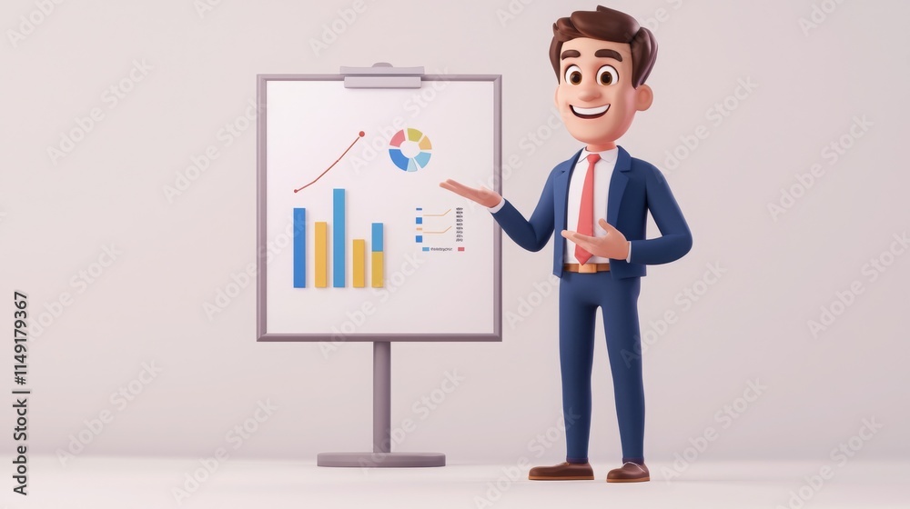 Confident Cartoon Manager Presenting Business Chart Confident Cartoon Manager Presenting Business Chart