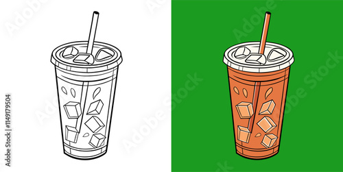 Illustration of a Beverage Cup Featuring Ice Cubes and a Straw.