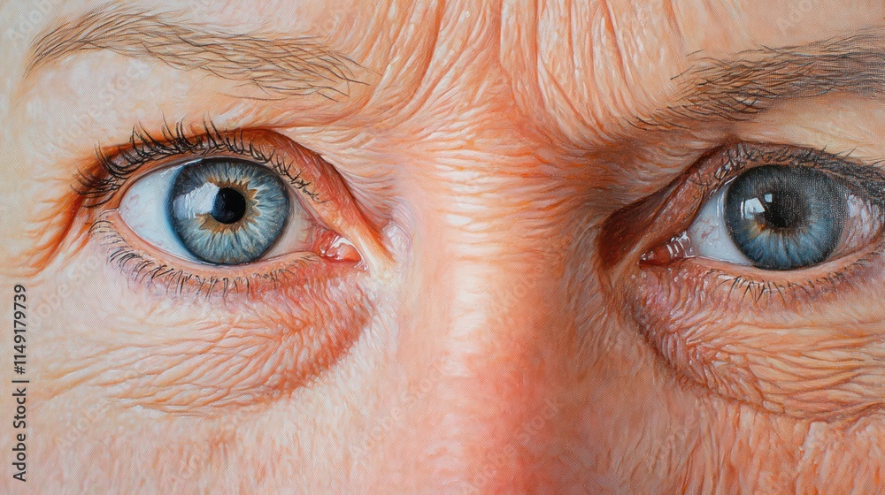 Fototapeta premium Close-up of aged woman's eyes, showing wrinkles and expressions of concern or anger.