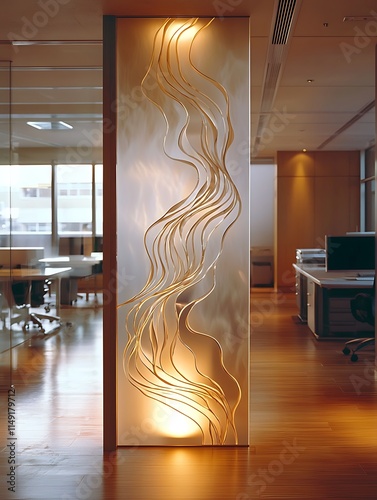 Sculptural etched glass divider with a soft nature-inspired design, placed in a minimalist office for and separation.