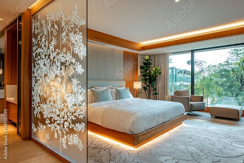 Sculptural etched glass room divider with intricate botanical designs, placed in a modern bedroom to separate the bed and sitting area.