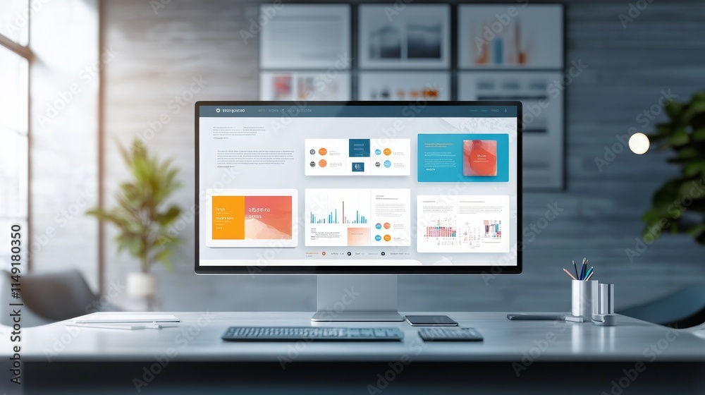 Modern Office Workspace with Presentation on Screen Modern Office Workspace with Presentation on Screen