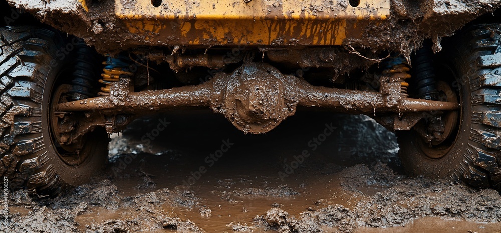 Mud-covered vehicle rear axle in deep mud. Mud-covered vehicle rear axle in deep mud.