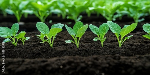 Young plants grow in neat rows in dark rich soil. Healthy sprouts showcase different growth stages. Vegetable garden displays new life in spring. Agriculture, organic farming evident. Image photo