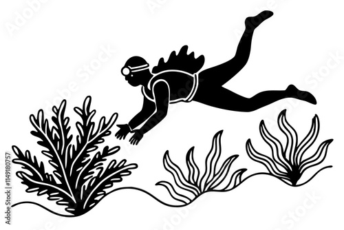 A scuba diver swimming near coral silhouette illustration on white background