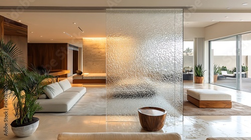 Sculptural glass divider with etched minimalist patterns, creating separation between a home office and lounge area.