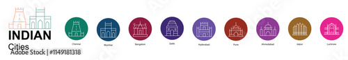 Indian Cities vector Editable Stroke Icons Sets Color background