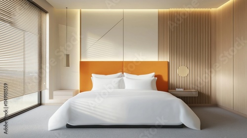 Empty modern guest room features white bedding, orange headboard. Wooden wall decor, grey carpet add touch of contemporary design. Stylish blinds cover window. Minimalist bedside table with subtle photo