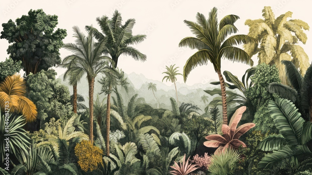 Fototapeta premium Lush Tropical Jungle with Diverse Greenery and Tall Palm Trees