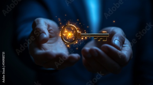 key to success, Digital Concept of a Businessman Holding a Glowing Key Symbolizing Unlocking Success with Sharp Focus and Dark Gradient Background for Motivation, Business Growth, and Achievement