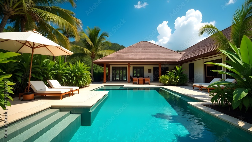 Fototapeta premium A private villa with a personal pool and lush greenery