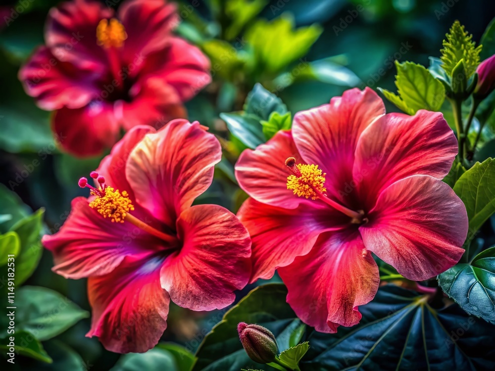 Macro Photography: Vibrant Hibiscus Blossoms Against Lush Green Foliage Macro Photography: Vibrant Hibiscus Blossoms Against Lush Green Foliage