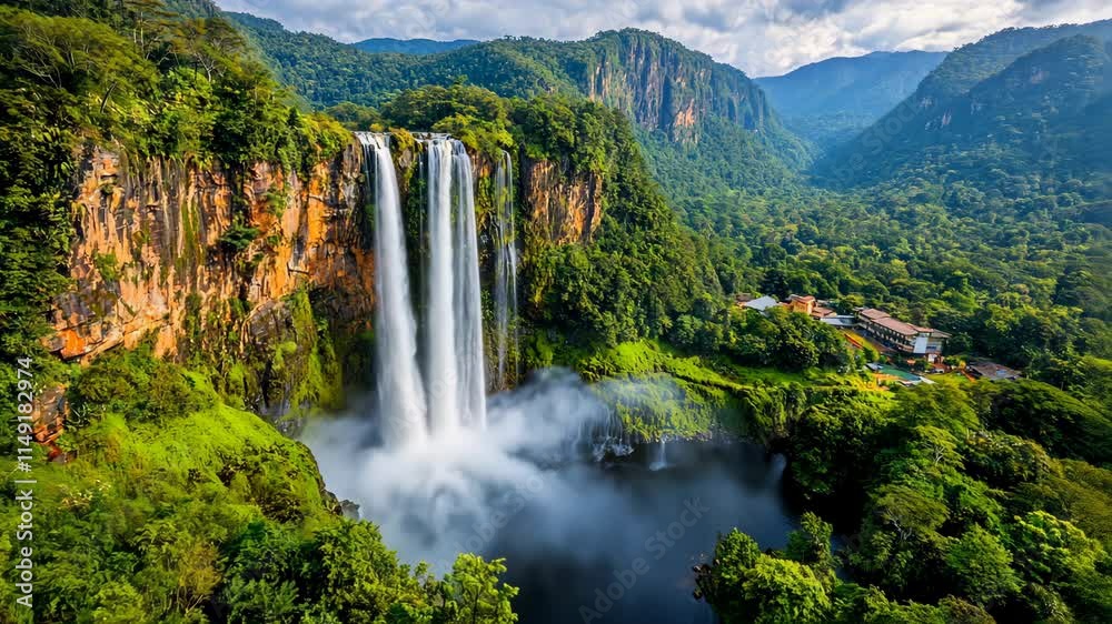 The majestic Agueraz Waterfall stands tall, cascading down lush green cliffs with a roaring intensity that mesmerizes all who lay eyes upon it. The majestic Agueraz Waterfall stands tall, cascading down lush green cliffs with a roaring intensity that mesmerizes all who lay eyes upon it.
