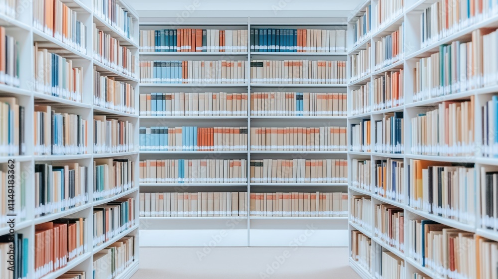 Quiet library interior rows of organized bookshelves. Calm, peaceful atmosphere. Knowledge, education evident. Books in various colors, sizes fill every shelf. Space well-organized, inviting for Quiet library interior rows of organized bookshelves. Calm, peaceful atmosphere. Knowledge, education evident. Books in various colors, sizes fill every shelf. Space well-organized, inviting for