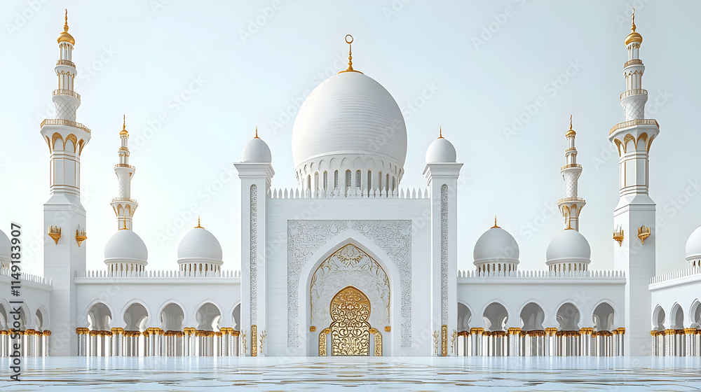 Obraz premium A grand white mosque with golden accents and multiple minarets, symbolizing tranquility and faith.