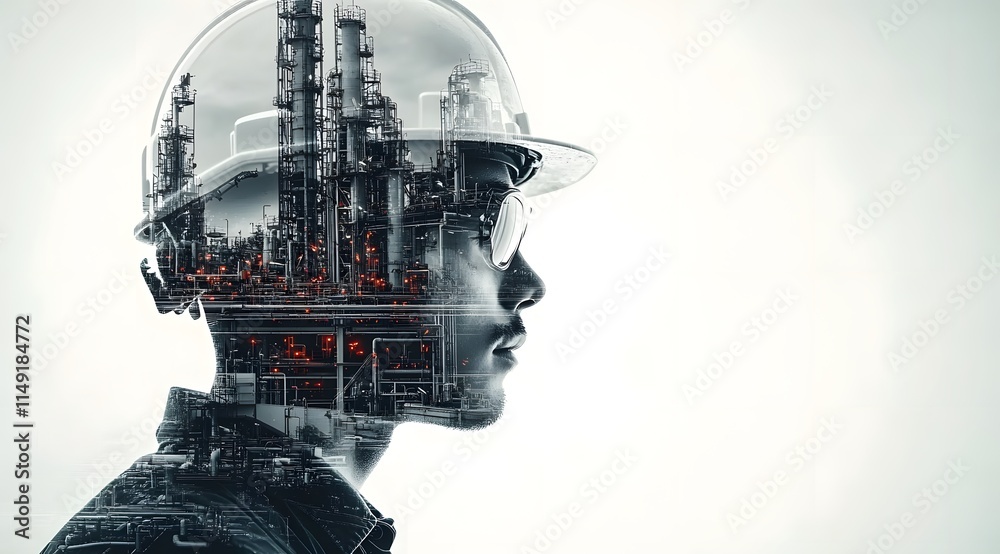 Industrial engineer with double exposure of refinery plant and infrastructure, energy Industrial engineer with double exposure of refinery plant and infrastructure, energy