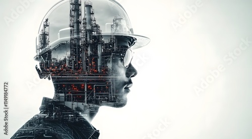 Industrial engineer with double exposure of refinery plant and infrastructure, energy
