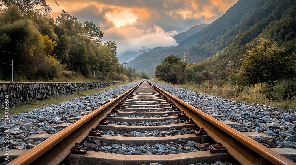 Fototapeta premium Train Tracks Through Mountain Landscape. Concept of Journey, Adventure, and Travel.