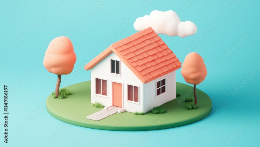 Cute 3D cartoon house model with trees and clouds. Cute 3D cartoon house model with trees and clouds.