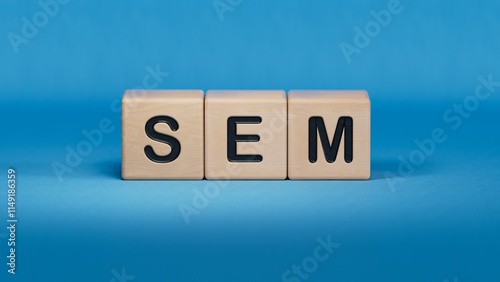 SEM symbol. Concept word SEM - search engine marketing on wooden cubes and blocks. Business and search engine marketing - SEM concept. Copy space.3D rendering on blue background.