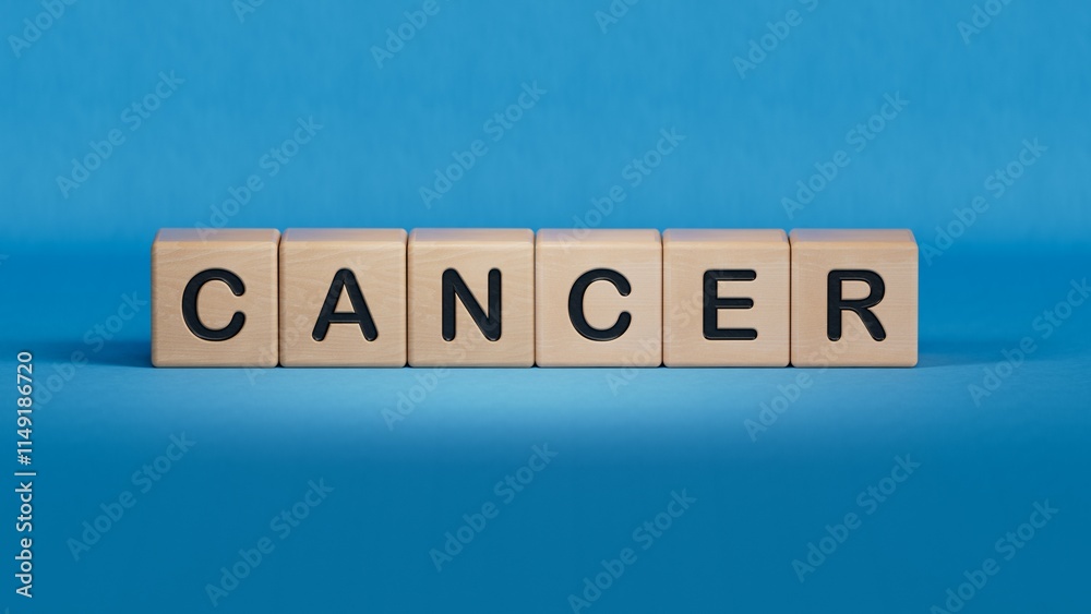Text CANCER on wooden cubes. Square wood blocks. Top view, flat lay.close up of wooden elements,Business Concept.3D rendering on blue background. Text CANCER on wooden cubes. Square wood blocks. Top view, flat lay.close up of wooden elements,Business Concept.3D rendering on blue background.