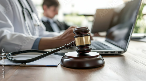 Gavel With Medical Stethoscope while doctor using laptop, Concept of medical law and medical crimes.
