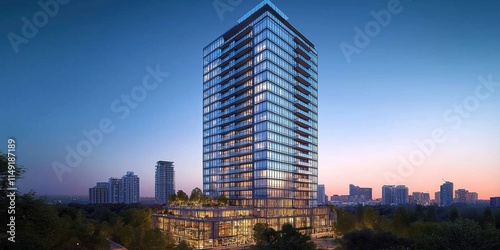 Modern high-rise residential building with glass exterior. Rooftop amenities, stylish design. City view, trees around building. Looks like new construction. Urban setting with buildings in skyline.