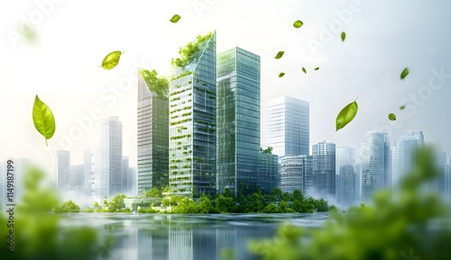 Modern eco-friendly skyscrapers with greenery, sustainable architecture in urban environment concept photo