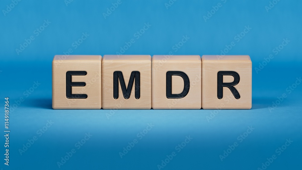 The text EMDR word Eye Movement Desensitization is written on notepad . Medical concept.close up of wooden elements,Business Concept.3D rendering on blue background. The text EMDR word Eye Movement Desensitization is written on notepad . Medical concept.close up of wooden elements,Business Concept.3D rendering on blue background.