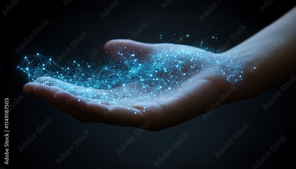 Fototapeta premium A Professional Hand Presenting a Glowing Digital Map of Global Connections with Vibrant Blue and White Light Effects on a Dark Gradient Background Perfect for Technology, Innovation