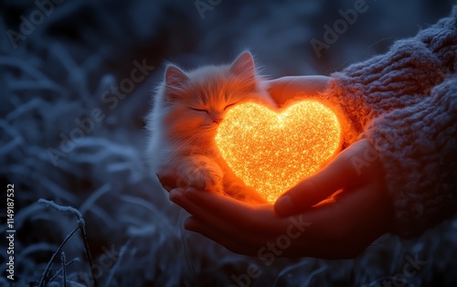 Glowing heart held in loving hands, emanating warmth and compassion, serene landscape with soft natural lighting, delicate details, peaceful vibe