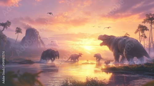 A group of dinosaurs are running through a field near a body of water