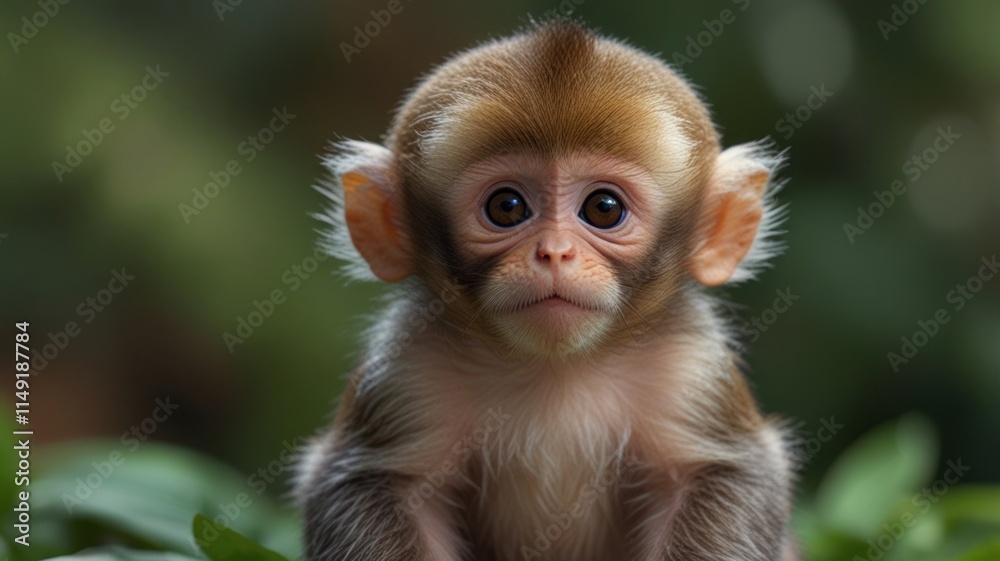 Fototapeta premium Close-up of a baby monkey, looking directly at the camera, with a soft, focused expression.?Its fur is a light brown, and its large, expressive eyes are a dark brown.