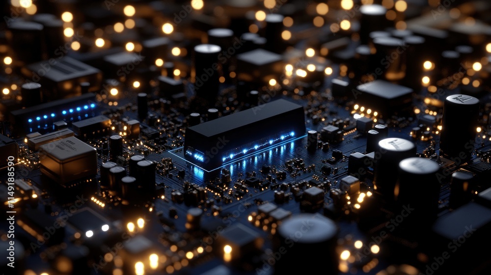 Obraz premium Close-up view of intricate circuit board with glowing components.