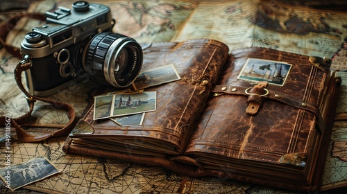 Vintage Camera and Leather-Bound Travel Journal with Photographs