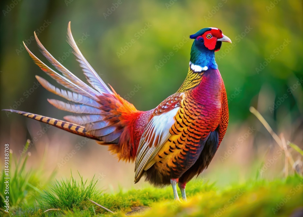Fototapeta premium A pheasant's mating ritual unfolds, a springtime ballet captured in bokeh-blurred detail.
