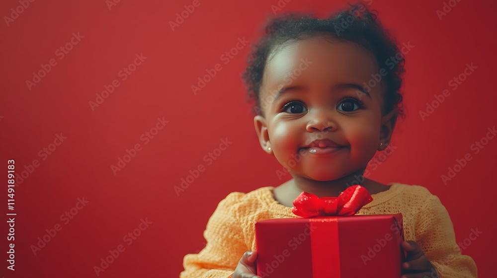 Joyful child holding gift home setting portrait warm environment Joyful child holding gift home setting portrait warm environment