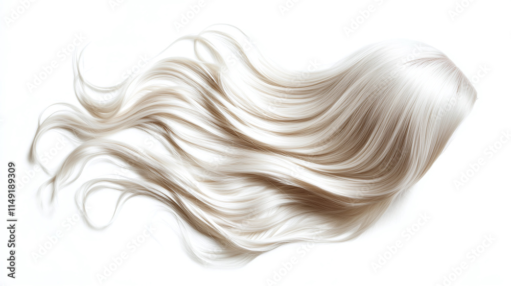 Blonde white wavy woman head hair isolated on white background. natural styling and care, beautiful fake glamour wig, smooth, shampoo, stylish. Blonde white wavy woman head hair isolated on white background. natural styling and care, beautiful fake glamour wig, smooth, shampoo, stylish.