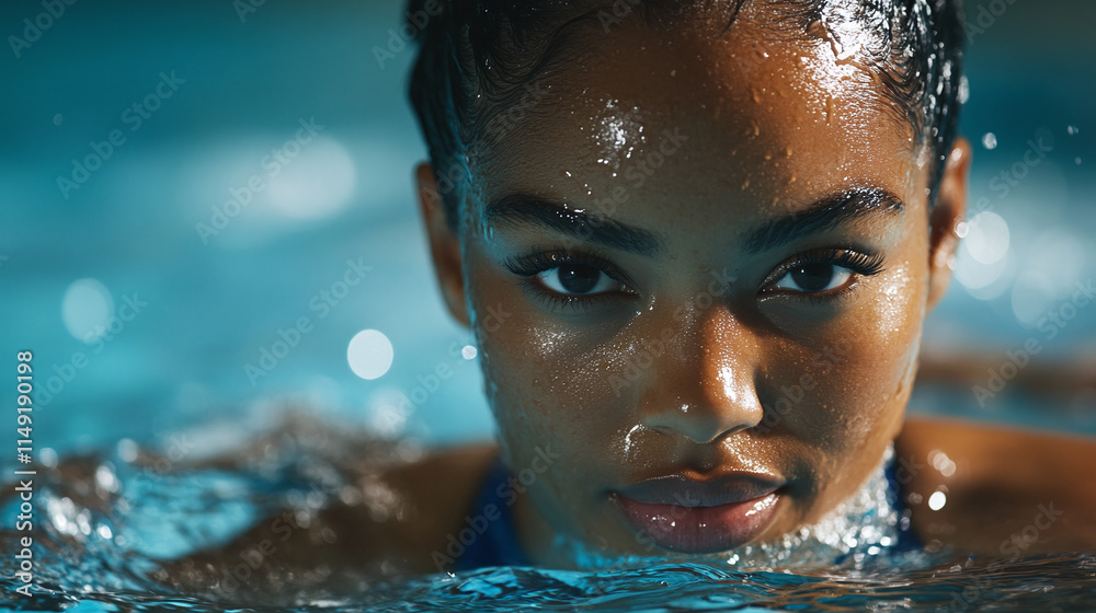 Professional swimmer, active african american woman and athlete trains in a swimming pool for her next race, dedication to competition and healthy lifestyle.