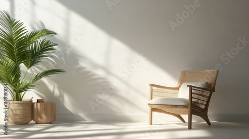 Serene Indoor Scene with Rattan Chair and Tropical Greenery