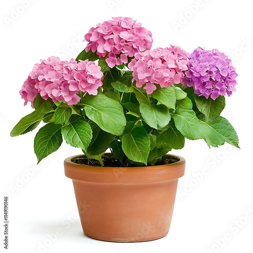pink hydrangea plant in a clay pot isolated on white background